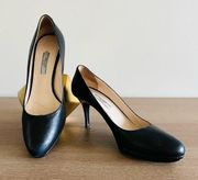 Black Leather Almond Toe Platform Pumps 38 7 7.5