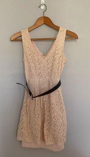 Rhapsody Light Pink Sleeveless Lace Overlay Mini Dress with Belt