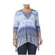 ENERGIE BLUE MULTICOLOR W/ LACE 3/4 SLEEVE SHARK BITE HEM EMBELLISHED TOP 1X