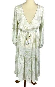 Green Linen Blend Kaftan Midi Dress Cover Up Tropical Beach Small