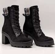 NWOT Veronica Beard Westport Black Plaid Chunk Heel Lace Up Boots Mid Calf 8 M