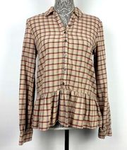 Paige Tan Plaid Long Sleeve Button Down Peplum Style Blouse