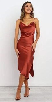 Petal & Pup Cyprus Rust Satin Midi Asymmetrical Hem Dress 6