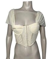 Ivory Mesh Sleeves Corset Hook Closure Top