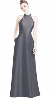 Alfred Sung - NWT - HIGH-NECK CUTOUT SATIN DRESS IN CAVIAR GRAY Size 6 D772