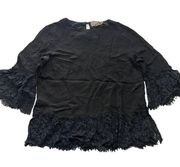 Artelier Nicole Miller Blouse Womens Medium Solid Black Lace Hem Bell Sleeve Top