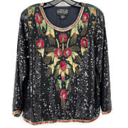 Jean For Joseph Le Bon Silk Floral Full Sequin Shirt Womens Sz Medium Black Red