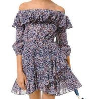 Michael Kors Floral Dress Floral Print Off The Shoulder Dress LARGE blue