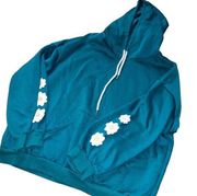 SheIn Aqua Teal Blue  Hoodie White Floral Design Women’s Size Large Jacket Coat!