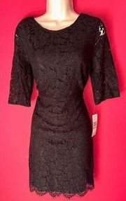 Sharagano Black Lace Cocktail Dress Knee Length 3/4 Sleeve Boat Neck Size L D72