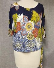 Melissa Paige Women Medium Floral Top Cold Shoulder Ties Waist and Sleeve