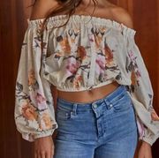 By Together Taupe Floral On/Off Shoulder Crop Blouse Floral NWT $54 Size Small