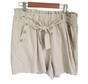 Joe B Paperbag Belted Linen Blend Shorts Tan Button Pockets Tie Pull On Size XL