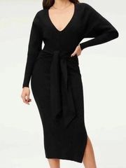 Good American Long Sleeve Belted Knit Midi Sheath Dress Black Size 1/2 / S/M GA8