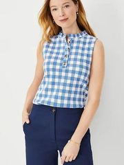 Ann Taylor, New, Blue & White Plaid Ruffle Neck Button Shell Knit Top Size XL