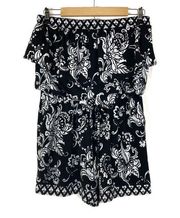 White House Black Market | Black & White Strapless Floral Printed Romper