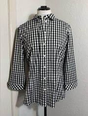 , 3/4 sleeve button down black and white checkered gingham 8