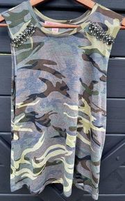 REBELLIOUS ONE Womens Olive Camo Sleeveless Tank Top Gem Accents Size Large