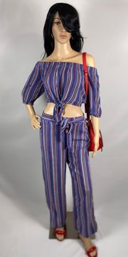 Matching Set Medium Blue Red White Stripes Top & Bottom