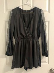 Lulus Lulu’s Black Romper with Lace Sleeve