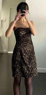 Vintage Y2K Satin Leopard Print Strapless Mini Dress Brown/Tan Size 9