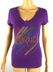 COOGI Purple Rainbow Rhinestone Graphic V Neck Short Sleeve T Shirt Tee Medium