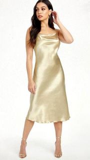 Bebe Satin Cowl Neck Slip Dress Midi - Nude- size L