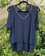 Juicy Couture Black Cold Shoulder Blouse w/Silver Detail. Size Large. EUC!