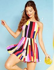 1. State Retro Vibrant Colorful Stripe Colorblock High Neck Romper Women’s Small