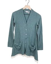 LOGO by Lori Goldstein Sage Green Waffle Knit Lace Hem Cardigan Sweater Size XXS