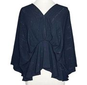 GLAM LADIES Batwing Kimono Sleeve Metallic Pinstriped Peplum Style V-Neck Blouse