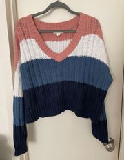 Block Striped V Neck Cropped Sweater