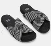 Eileen Fisher Pal Twisted Knotted Strap Slide Flat Sandal in Black Stripe Canvas