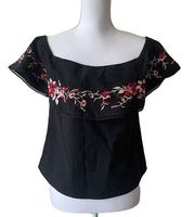 Lucy Paris Women Top Ruffle Embroidered Floral Collar Short Sleeve XS Black