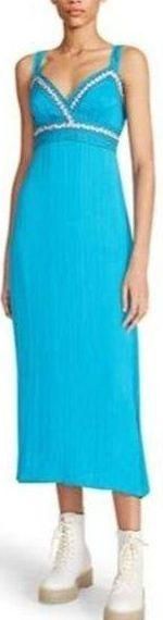 Betsey Johnson Broomstick Pleated Silky Satin Floral Trim Midi Blue Small