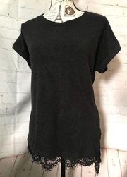 Soft and Cozy Black Bobeau Top - High Low with Lace Trim,  Cuffed Short Sleeves