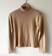 Jeanne Pierre S Tan Gold Metallic Long Sleeve Mock Neck Sweater Shoulder Pads