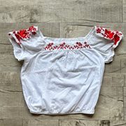 Boho White Red Embroidery Floral Crop Top Blouse Lightweight XS