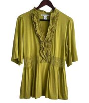 Peter Nygard Top Women M Chartreuse Ruffle V-Neck Short Sleeve Smock Drop Waist