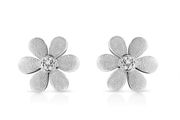 Sterling Silver Matte Finished .925  Diamond Accent Flower Hoop Stud Earrings