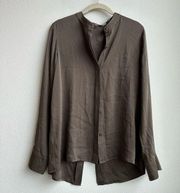 Vince Silk Stretch Brown Split Back Button Down Blouse Size 2