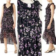 Misa Caterine Midi Ruffle Feminine Girlhood Flowy Black w/ Florals Dress Small