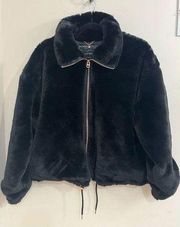 Lucky Brand Black Faux Fur Jacket Bomber Style L NEW