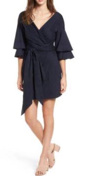 Navy Wrap Dress with Ruffle Sleeve