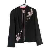 Jessica Howard Black & Pink Floral Mock Neck Opened Front Jacket Women Sz 12 VTG