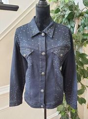 DG2 by Diane Gilman Blue Denim Rhinestones Studded Collar Button Front Jacket 1X