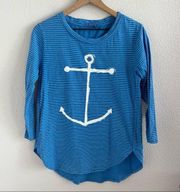 Fresh Produce Catalina Nautical Anchor Striped ¾ Sleeve Rounded Hem Top XS