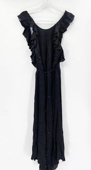 Ulla Johnson Eveline Silk Black Ruffled Smocked Midi Dress Size 2