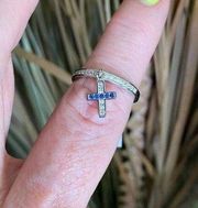 Sterling Silver Sapphire Cross Dangle  CZ Ring Sizes 9,10