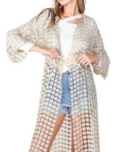 Beulah Pear Beaded Silver Half  Sleeves Open Front Shimmer Duster - Cardigan SzS